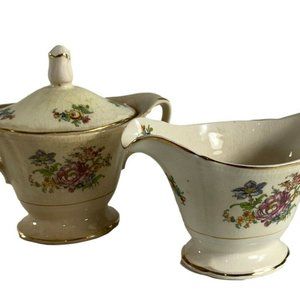 Antique Vintage Unbranded Sugar Bowl w Lid Creamer Pink Blue Floral Gold Trim